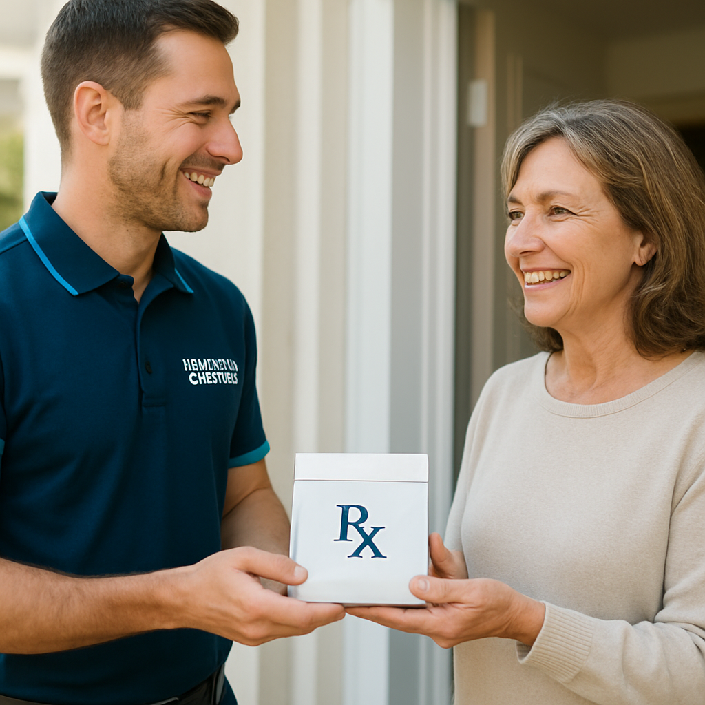 A LifelineRunner courier handing a prescription package to a grateful patient at their front door