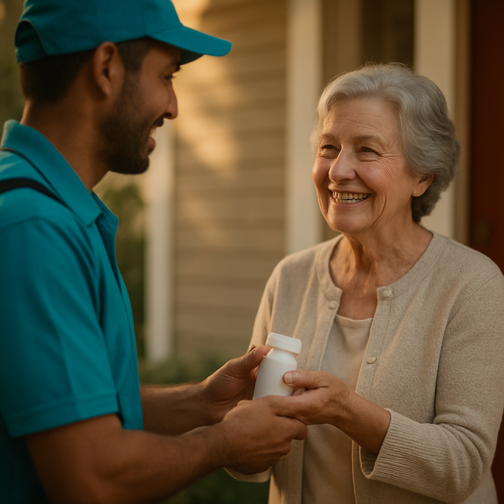 A LifelineRunner courier delivering medication to a grateful elderly patient on her porch